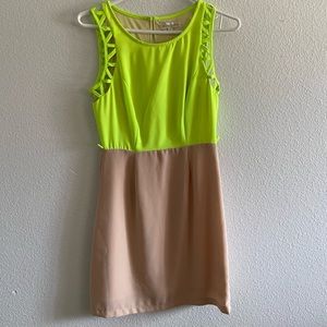 formal neon green dress with a beige skirt